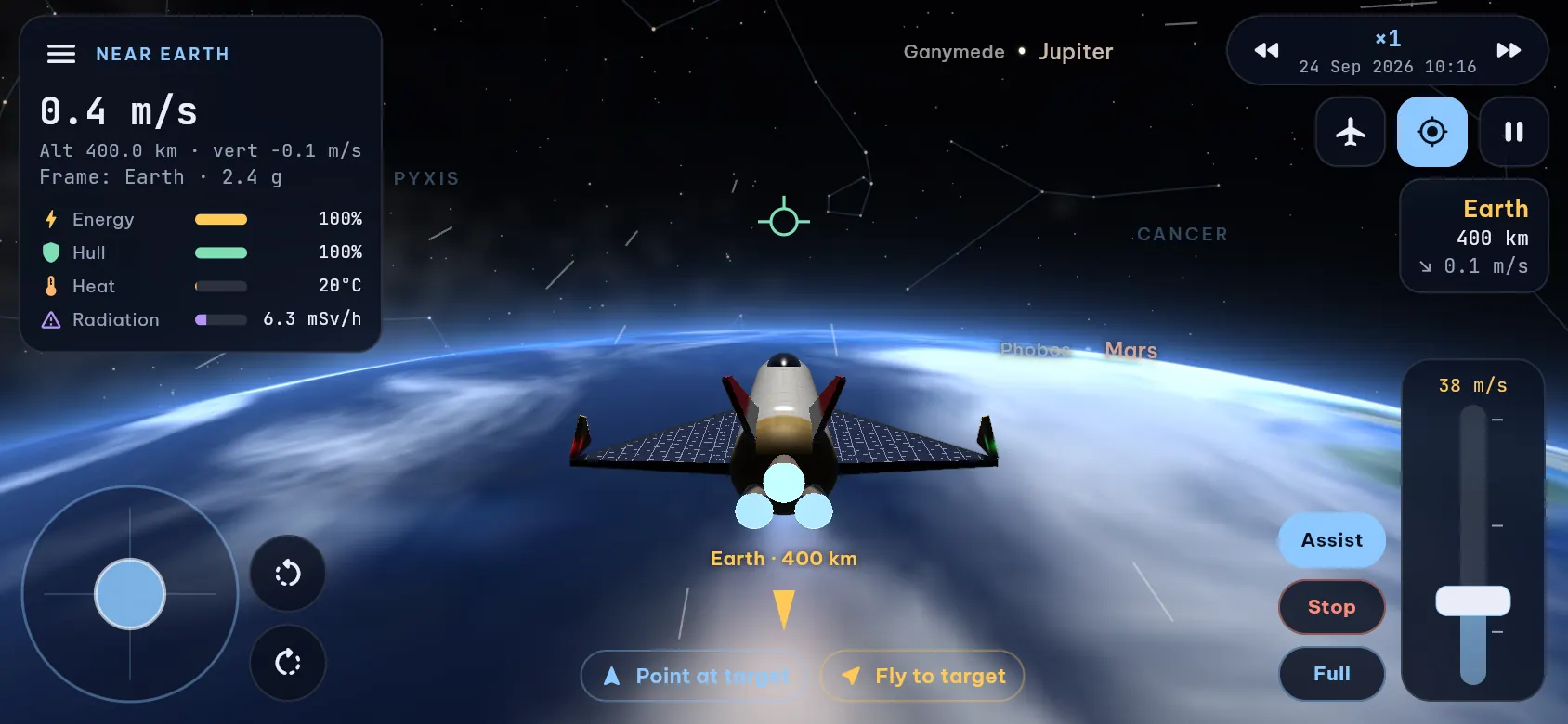 The Halcyon spaceship seen from behind over Earth