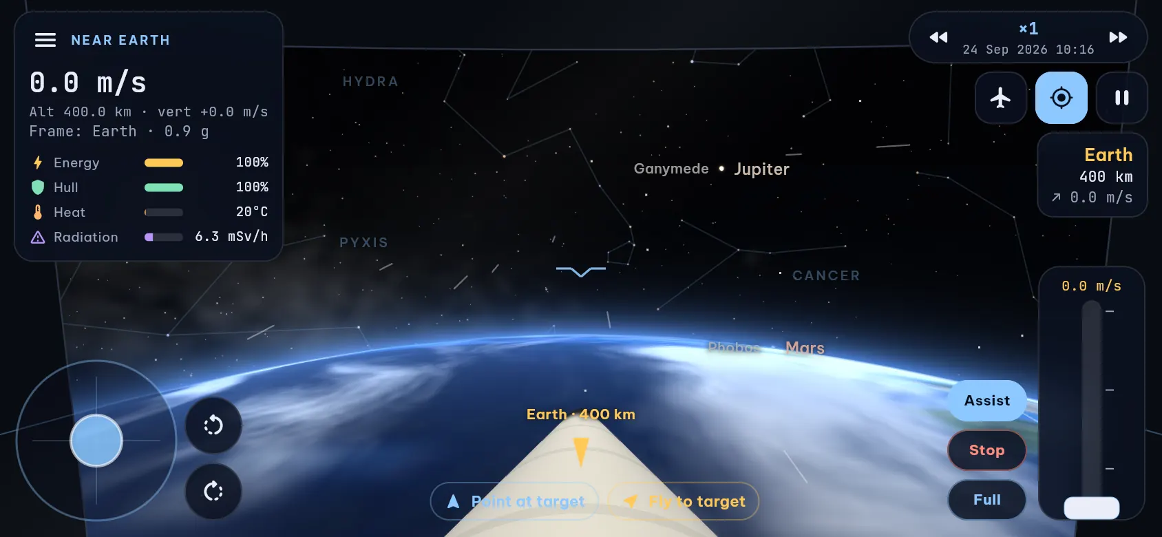 Cockpit view in low Earth orbit at 400 km