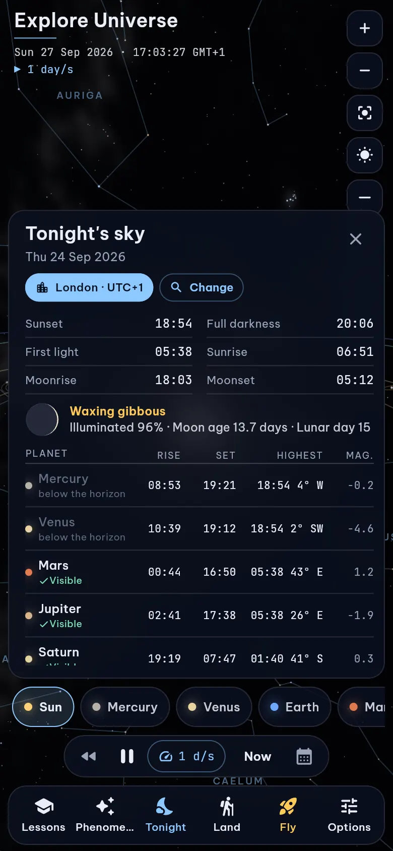 Tonight's sky panel for London with rise and set times of the planets